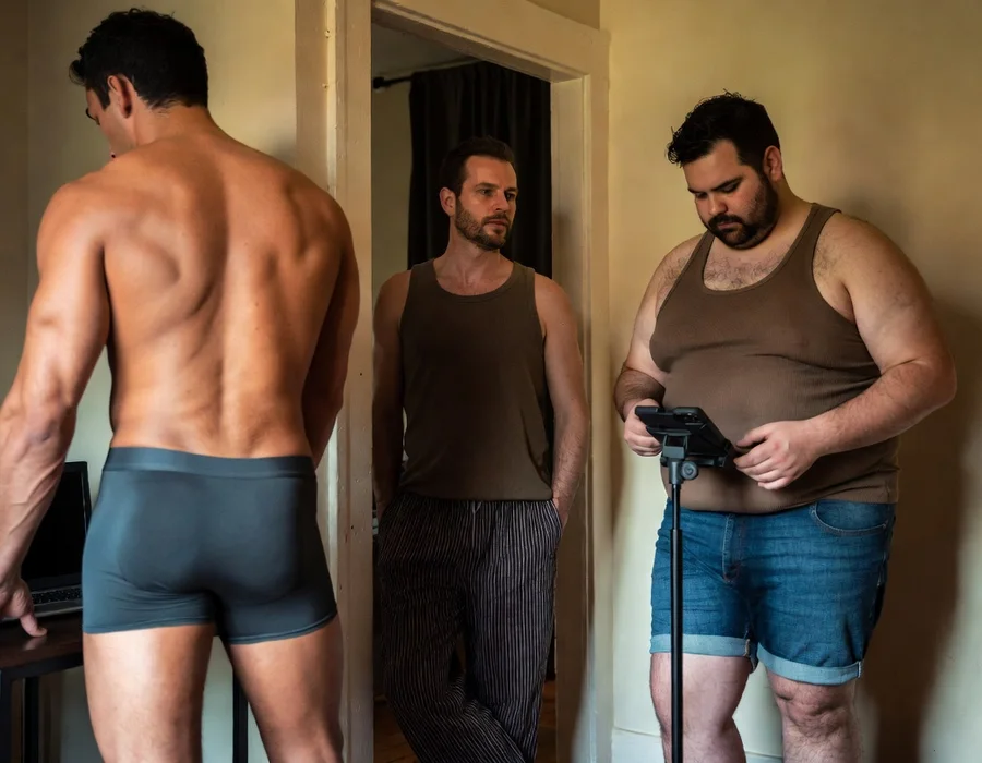 Adult men with different body types setting up a room